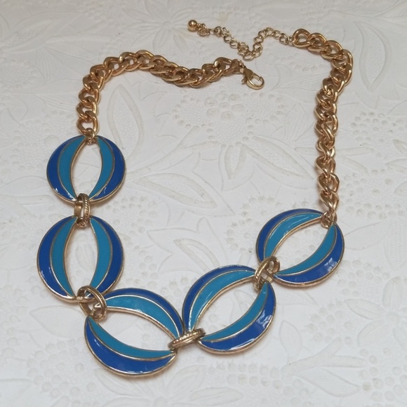 Vintage Mid Century Blue Enamel Goldtone Trim Statement Necklace - Picture 10 of 13
